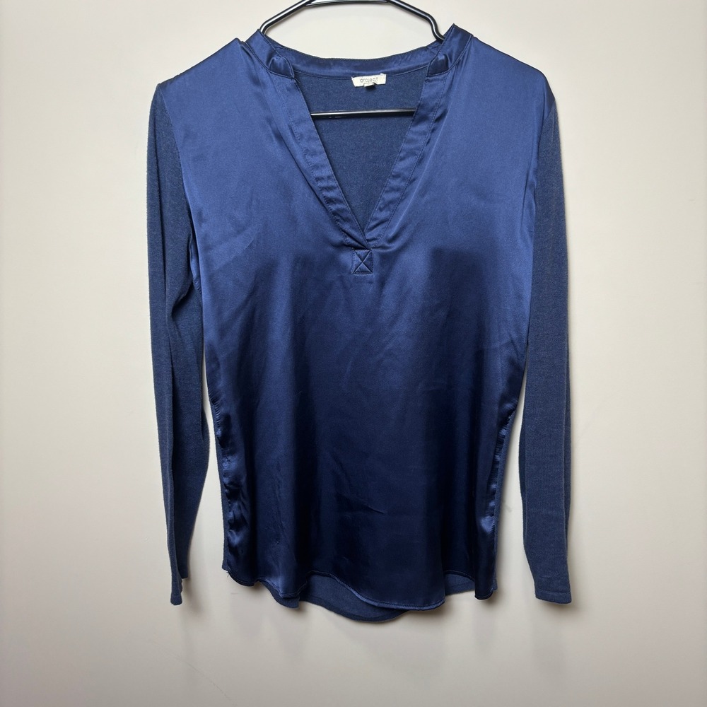 Project Navy Blue Silk Knit Long Sleeves V-Neck Tunic Blouse Womens Size Small